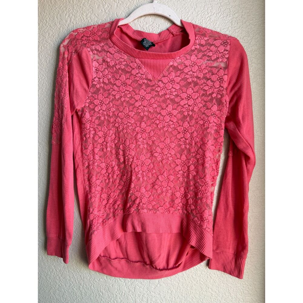 Rue21 Coral Pink Floral Lace Sweater Small High Low Long Sleeve 2010s